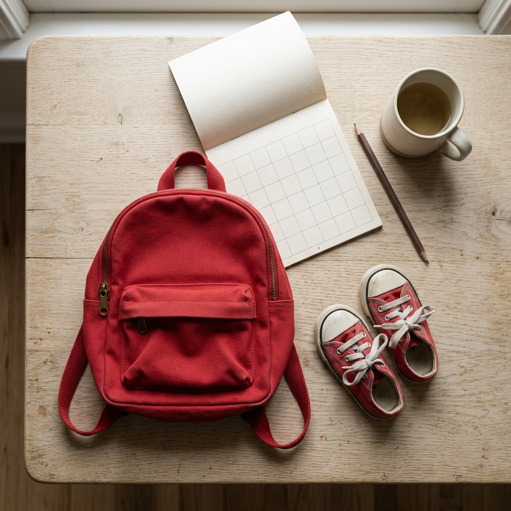 Image générée : un petit sac à dos rouge, des baskets d’enfant et un carnet de calendrier sur une table en bois