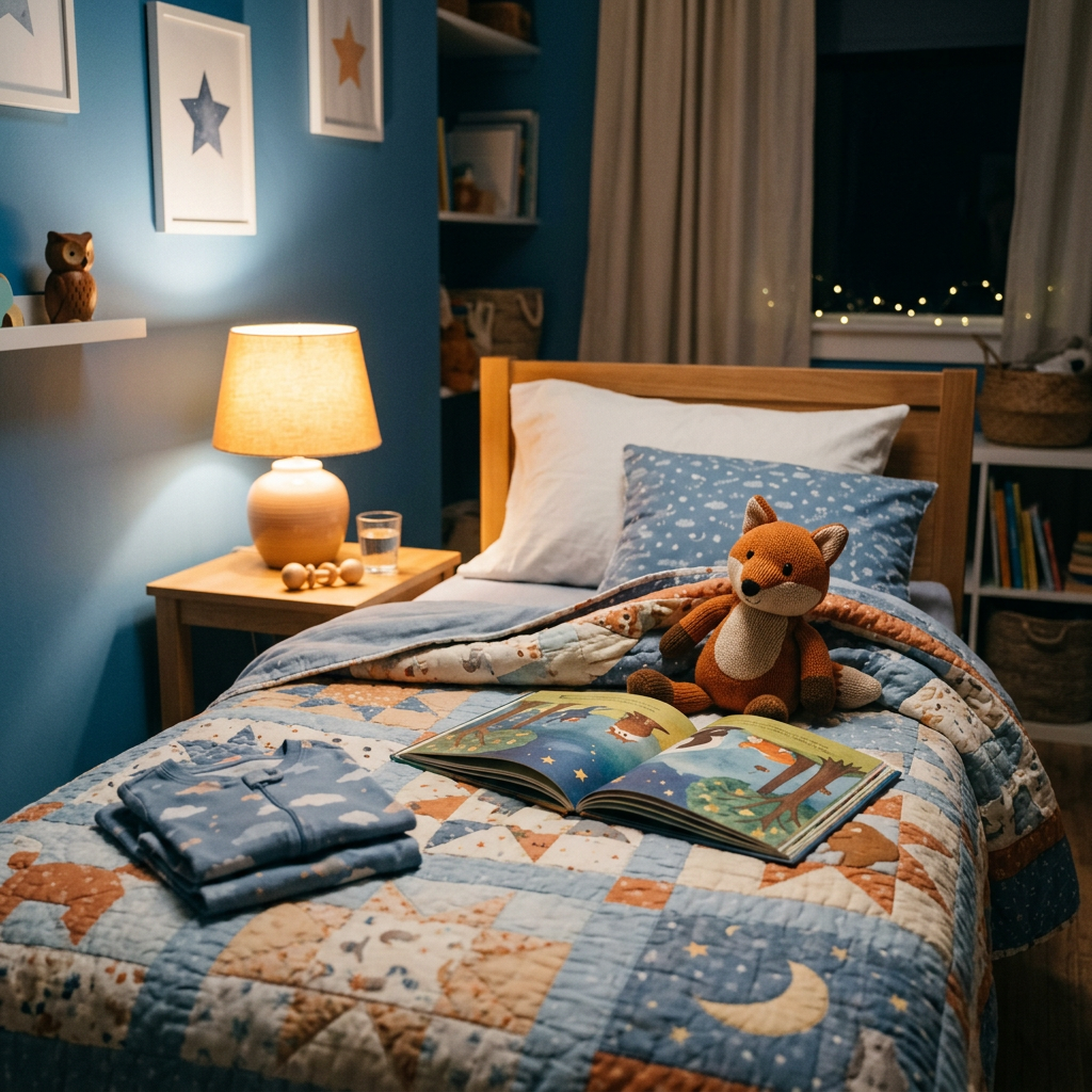 Image générée : une chambre d’enfant éclairée par une lampe, un livre ouvert et un renard en peluche sur le lit