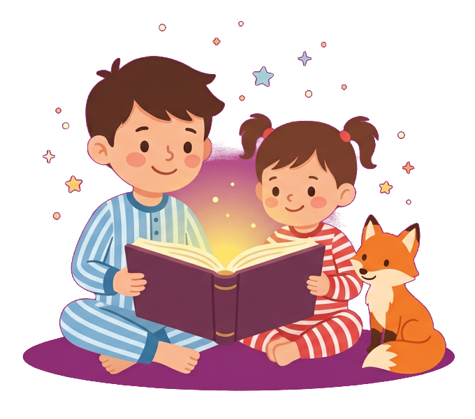 Illustration générée : un garçon et une petite fille en pyjama lisent un grand livre lumineux, à côté d’un renard