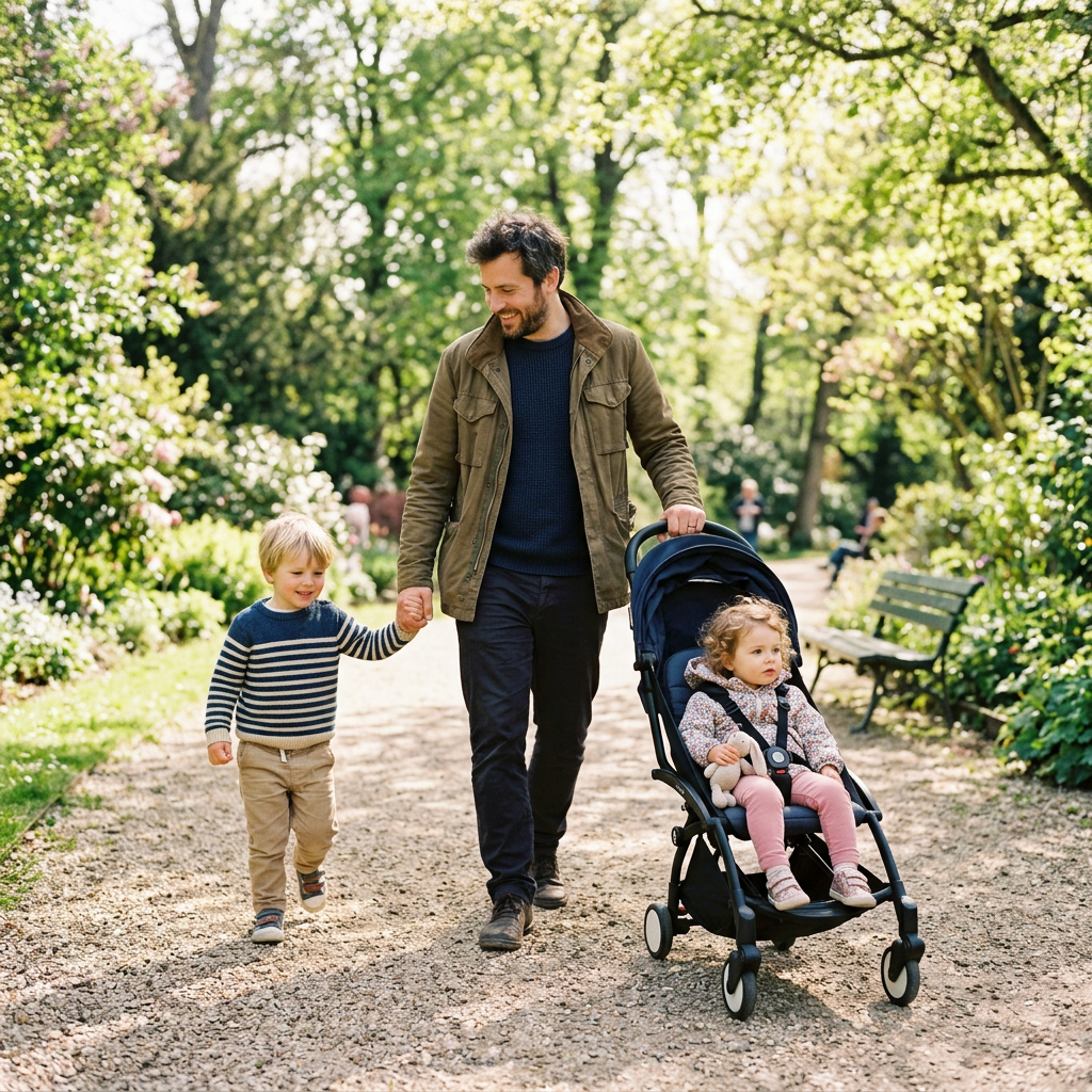 Image générée : un parent et deux enfants sur l’allée d’un parc au printemps