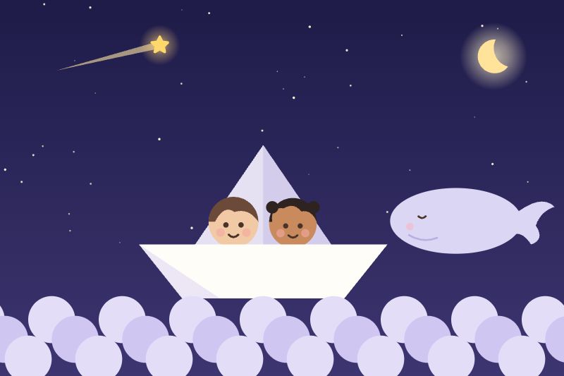 Les deux enfants voguent sur un bateau de papier au milieu des nuages, à côté d'un nuage baleine