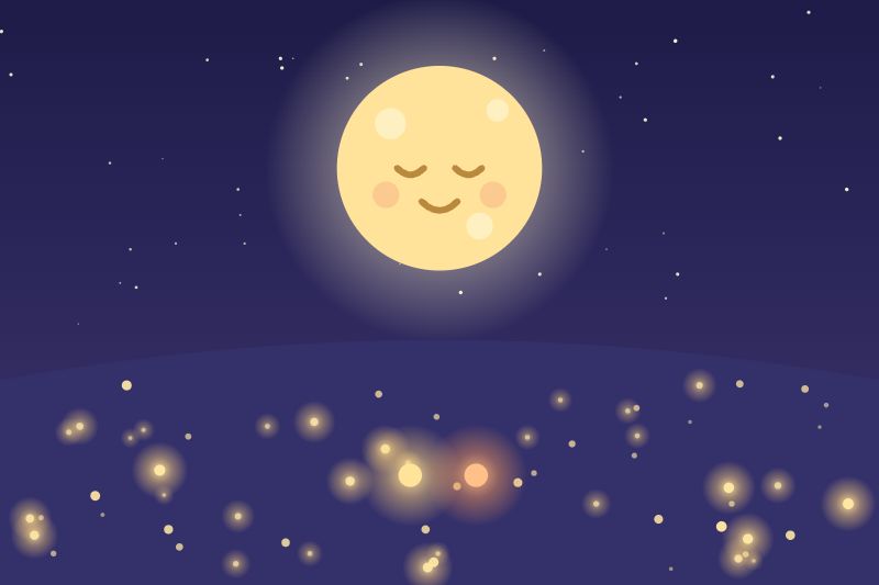 La lune sourit au-dessus de son jardin de petites lumières, deux nouvelles côte à côte
