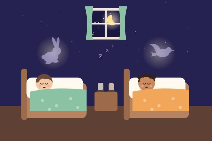 Les deux enfants endormis dans la cabane, qui rêvent du lapin et de l'oiseau