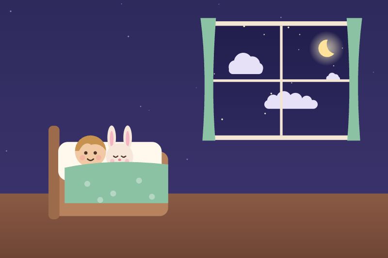 Dans son lit avec son doudou lapin, l'enfant regarde trois nuages par la fenêtre