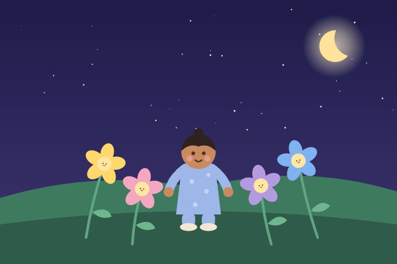 En pyjama dans le jardin de la nuit, les fleurs se penchent pour dire bonsoir